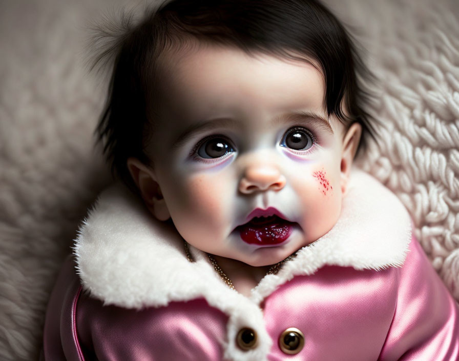 Baby with Big Eyes and Dark Hair in Pink Coat with Lipstick Kiss Marks