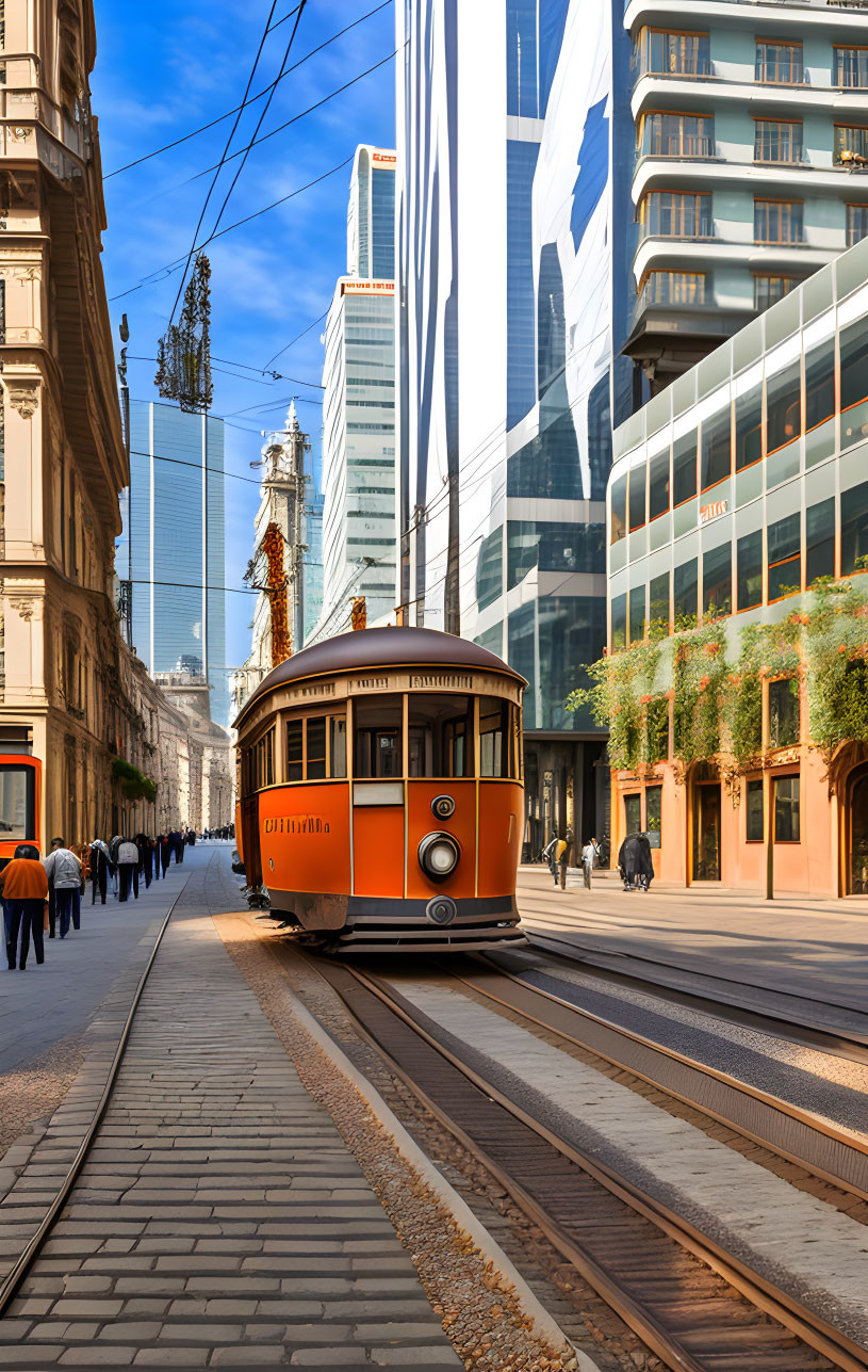 Vintage tram in modern city with classic architecture and skyscrapers