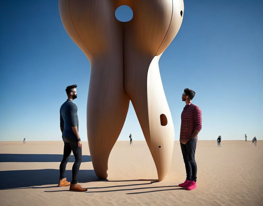 Men standing under surreal wooden sculpture in desert landscape