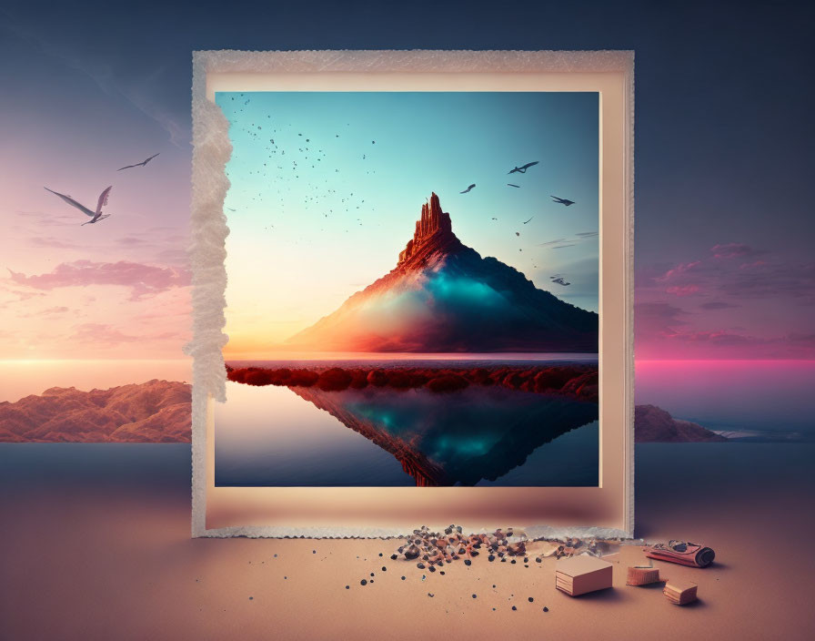 Surreal mountain reflection through torn photo frame