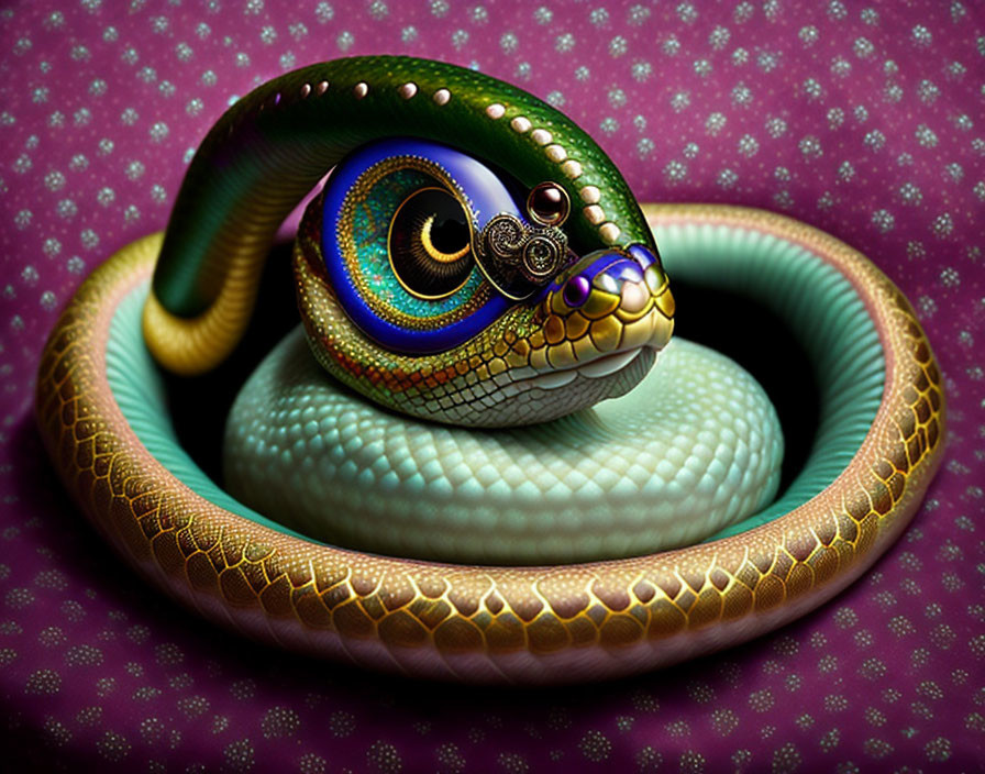 Vibrant digital artwork of a coiled snake with ornate scales and colorful eyes