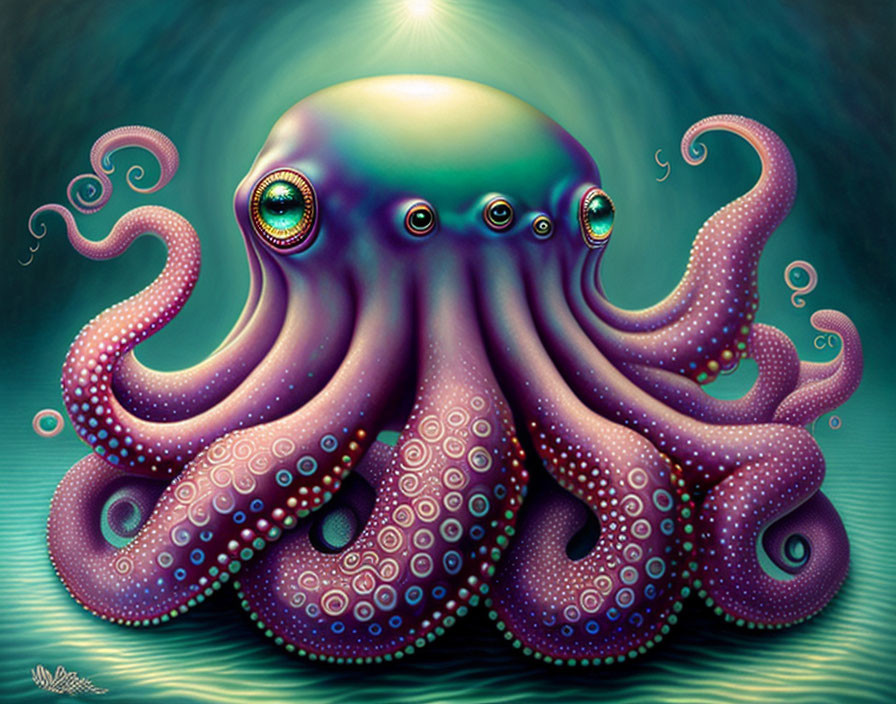 Detailed Octopus Illustration with Swirling Tentacles on Green Background