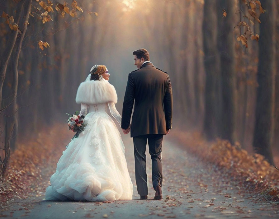 Bride and groom stroll in autumn forest setting