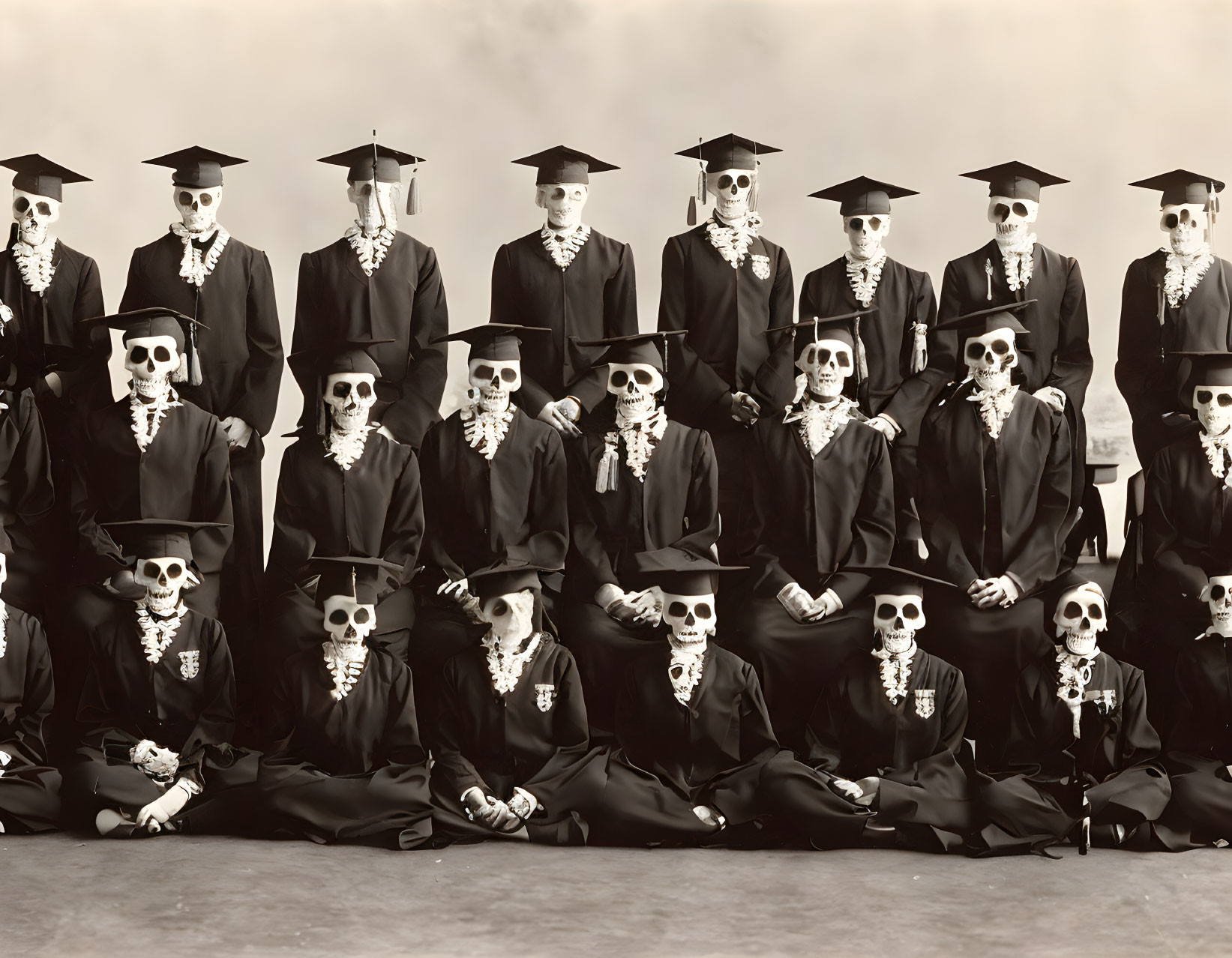 Group of people in graduation attire with skeletal masks in cloudy setting