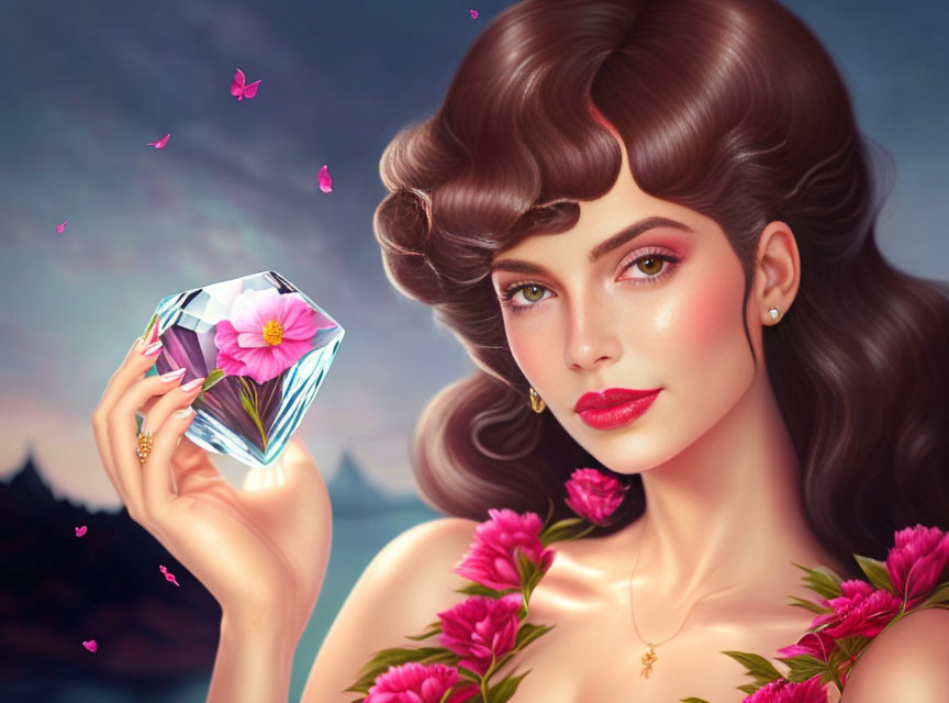 Illustrated woman with brown hair holding crystal with pink flower, surrounded by pink butterflies and roses in twilight