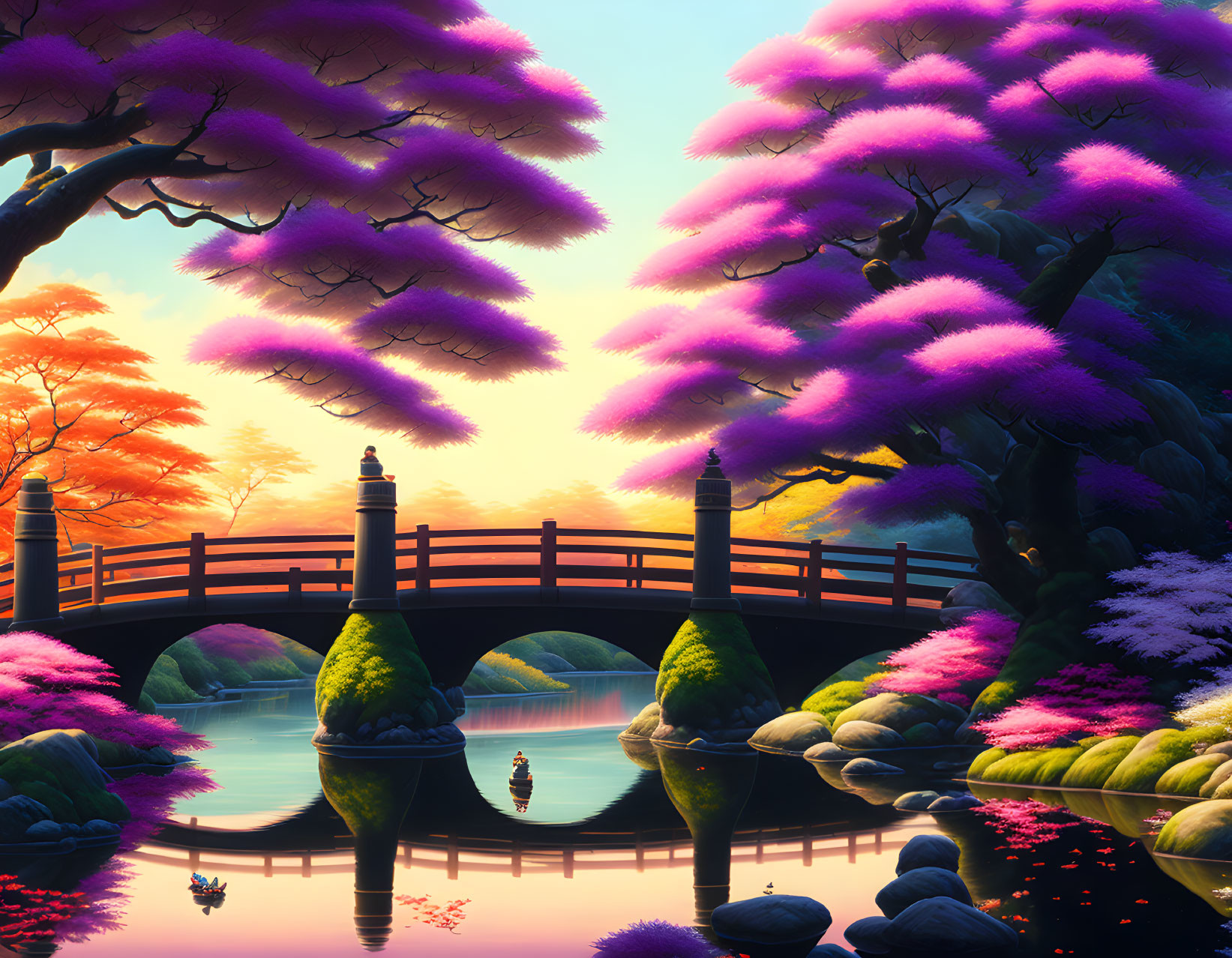 Wooden bridge over serene river with vibrant purple and pink trees under warm sunset sky