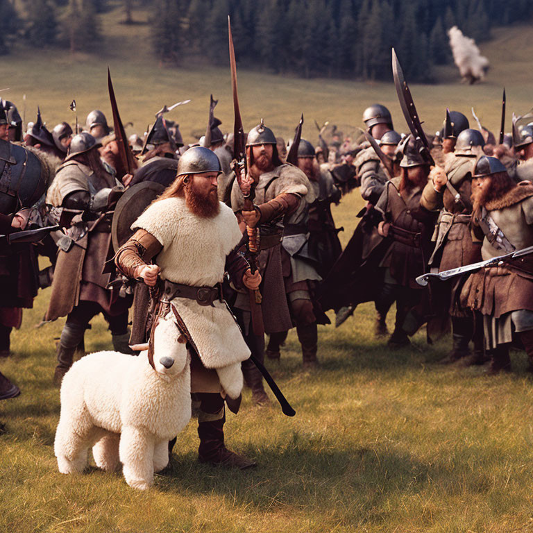 Medieval warriors with man in sheep costume in field scene