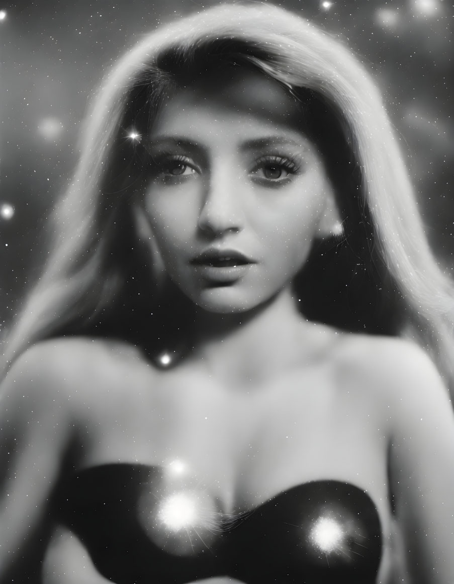 Serene monochrome portrait with starry bokeh effect