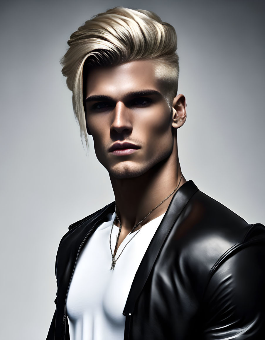 Stylized portrait of man with platinum blonde hair in leather jacket