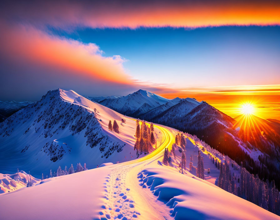 Snowy Mountain Landscape: Sunset, Blue & Orange Skies, Winding Road