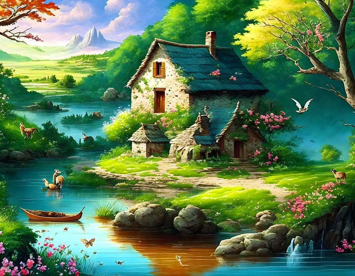 Tranquil riverside landscape with cottage, greenery, wildlife & mountains