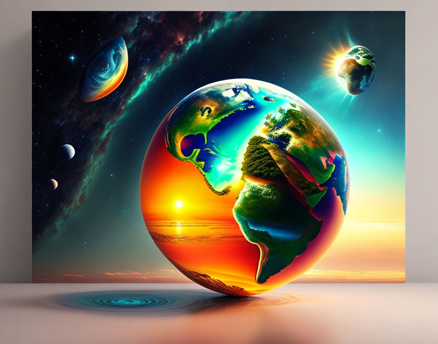 Colorful digital artwork: Earth with exaggerated features in cosmic scene