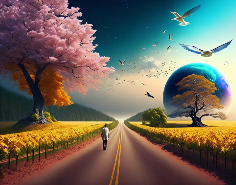 Man walking on split road between seasons towards surreal giant sphere with trees and birds flying