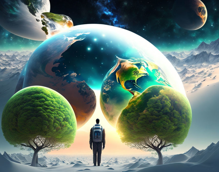 Person in surreal landscape with oversized planets and vibrant earth-like spheres.