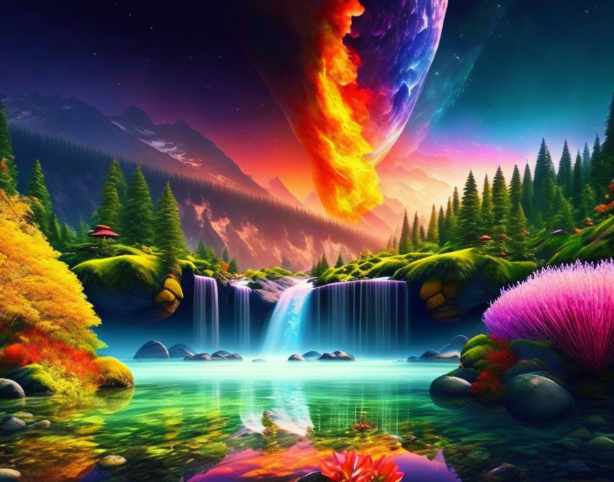 Colorful Landscape with Waterfalls, Forest, and Celestial Body by Lake