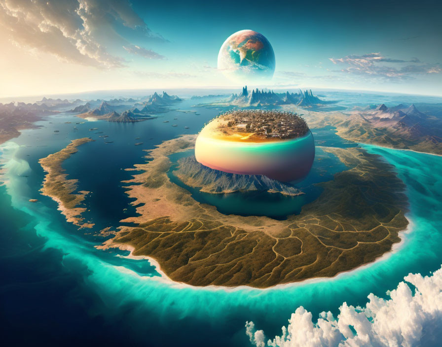 Surreal landscape with floating island city under giant planet