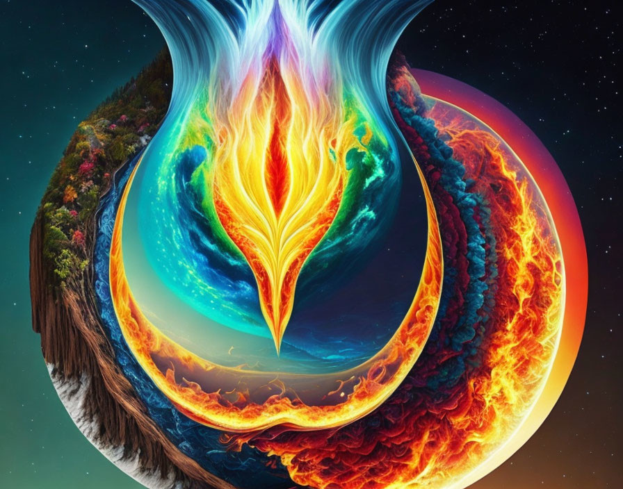 Dual-sided hourglass artwork with fiery and forest themes in cosmic fantasy landscape