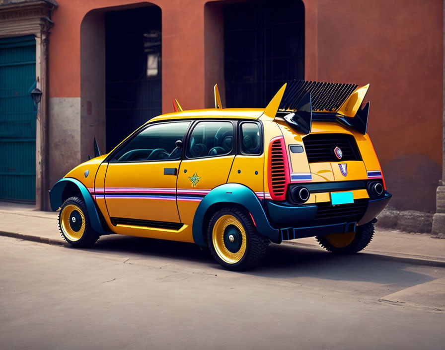 Yellow Pikachu-Inspired Modified Car Beside Orange Building