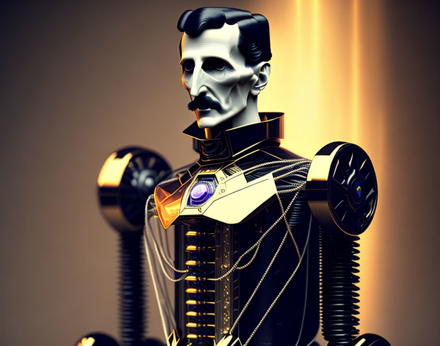 Futuristic humanoid robot in black and gold suit with glowing details