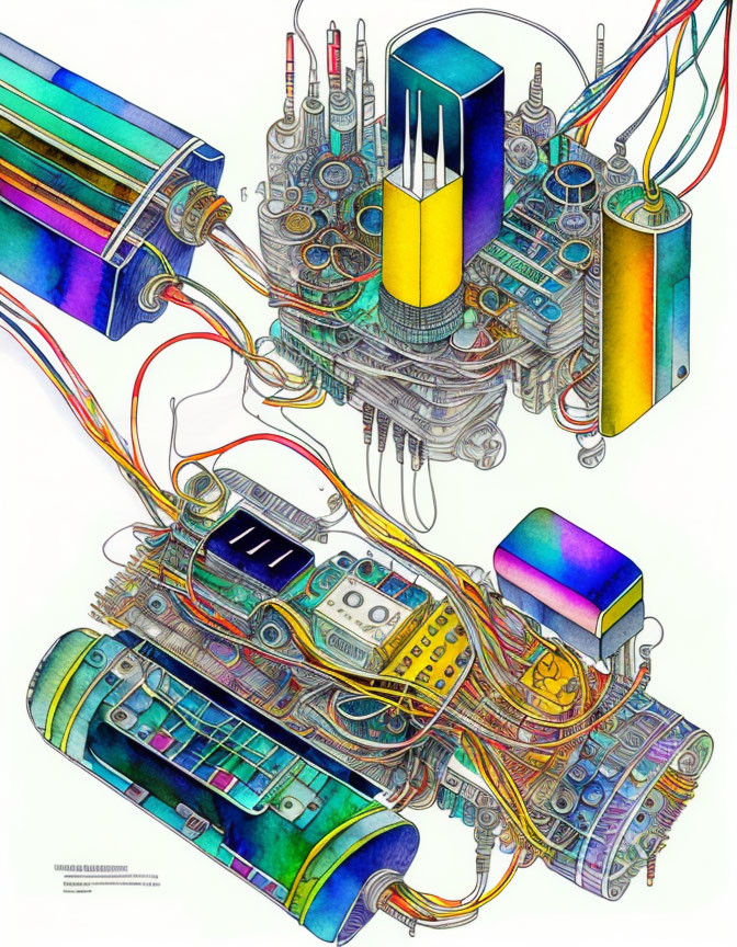 Detailed Drawing of Colorful Mechanical and Electronic Components