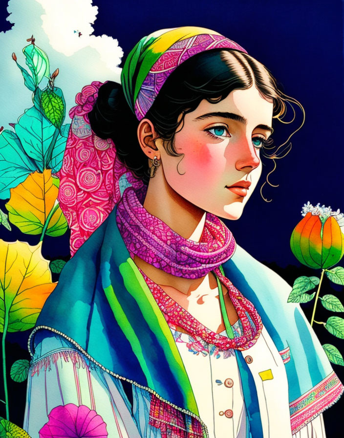 Colorful scarf young woman illustration on dark background