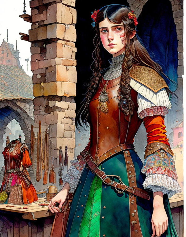 Detailed medieval dress woman illustration with long hair and sword at clothing stall