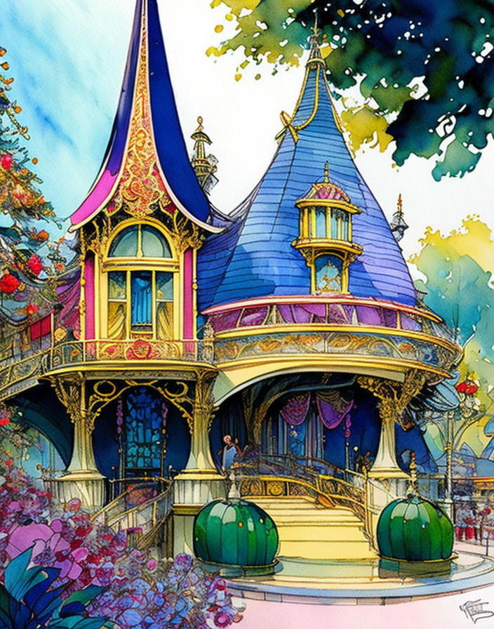 Whimsical fairy tale cottage with pointed roofs and lush flowers