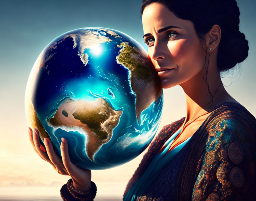 Woman Holding Luminous Earth Globe at Sunset