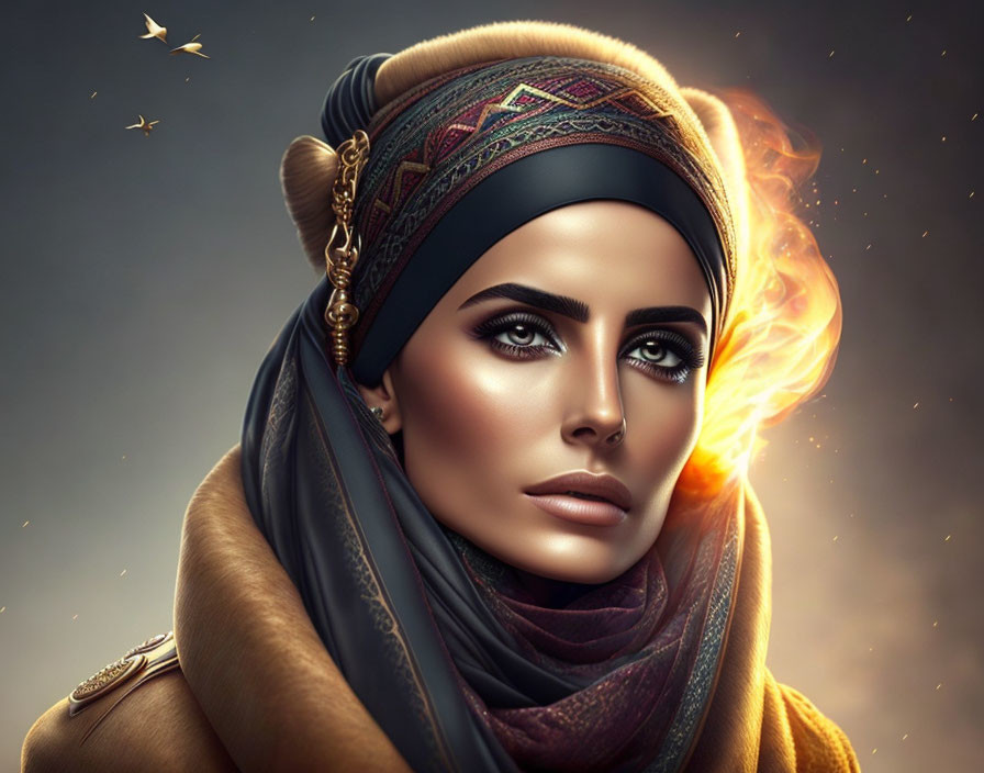 Portrait of woman with striking eyes in headwrap and scarf, glowing light and birds.