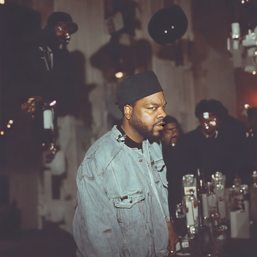 Intense man in denim jacket and beanie, candlelit scene with shadowed figures