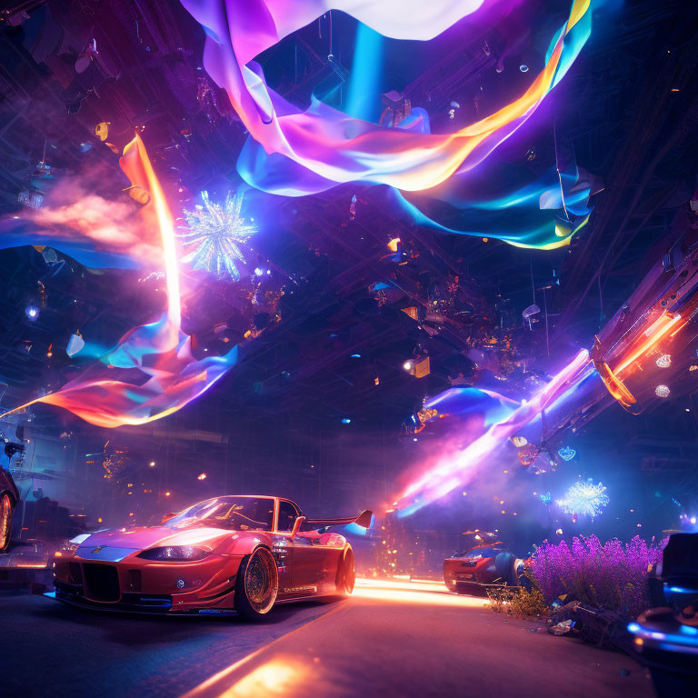 Futuristic cityscape with red sports car, neon lights, floating ribbons, sparks, and