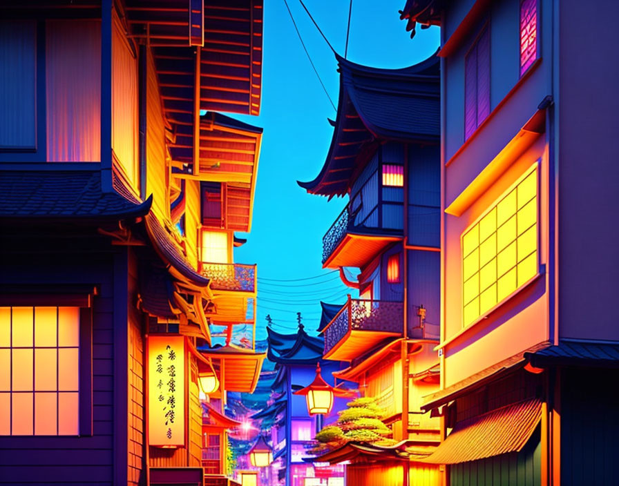 Vibrant Traditional Japanese Street at Dusk: Lanterns, Signage, Wooden Buildings