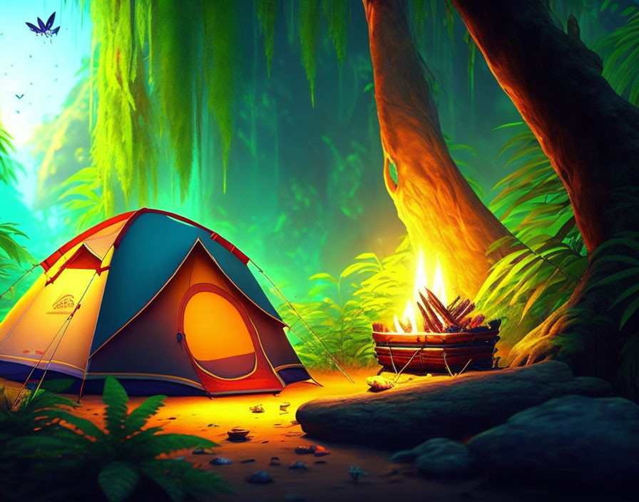 Vibrant camping scene with tent and campfire in lush forest at dusk