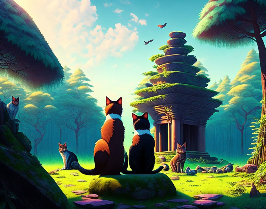 Enchanting forest glade with stylized cats near ancient temple