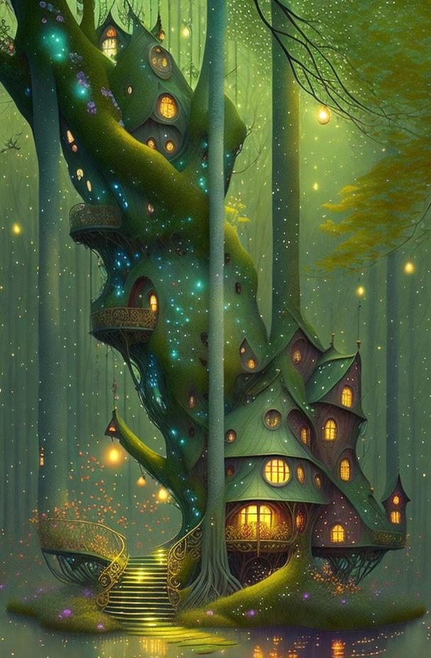 Enchanting glowing treehouse in luminescent forest