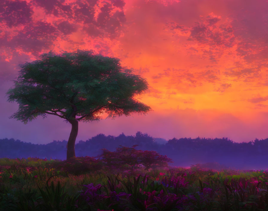 Solitary tree in vibrant sunset sky amid lush, mystical scenery