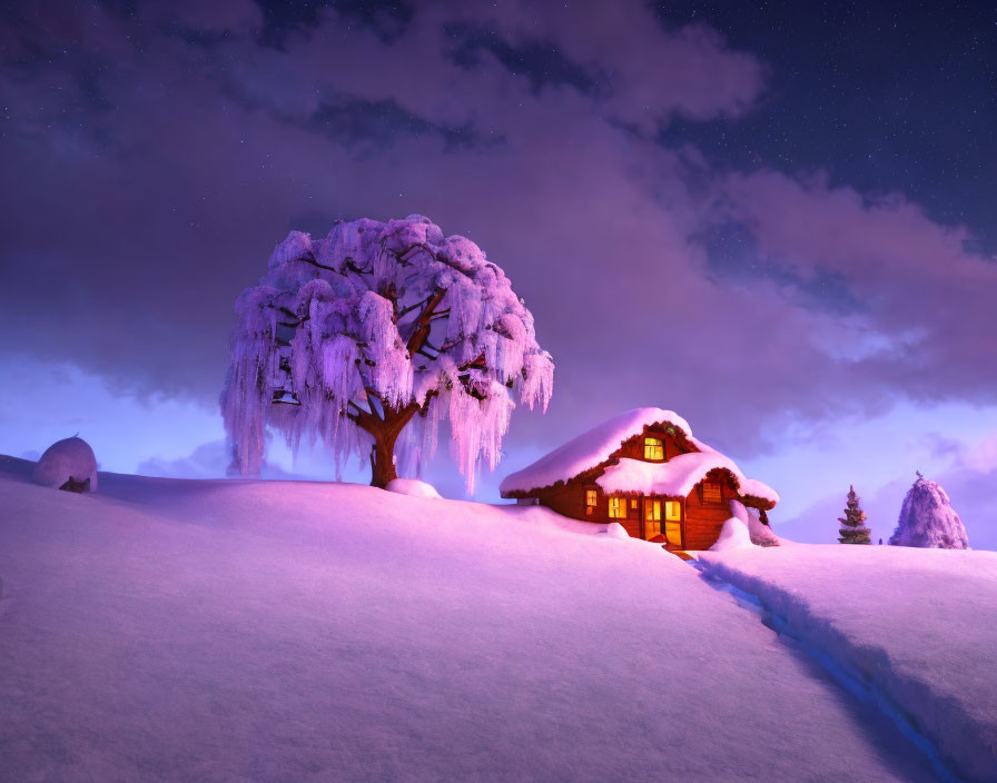 Snow-covered cabin and tree under starry purple sky in serene winter night.