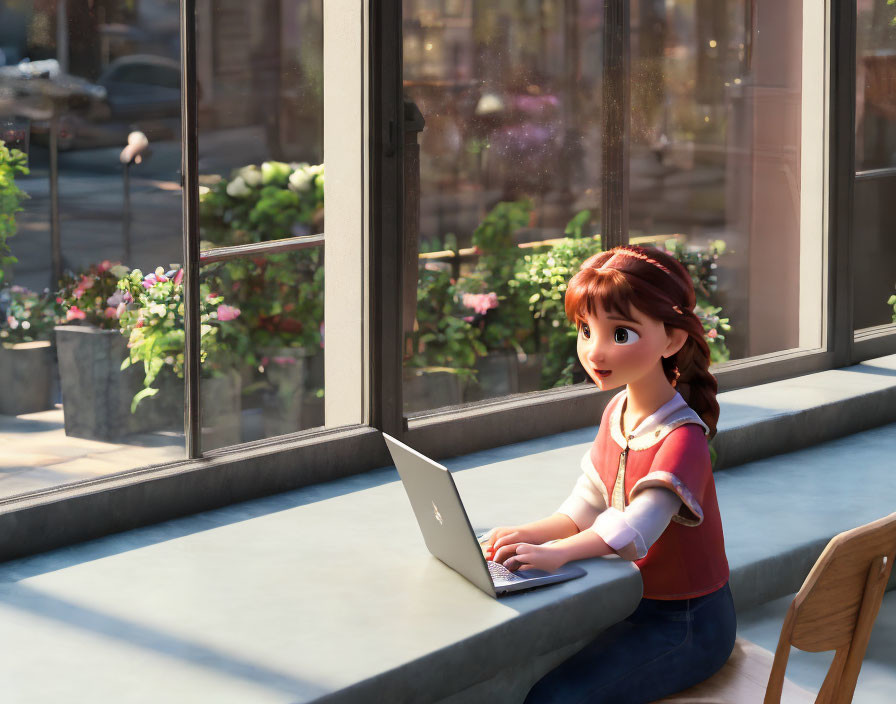 Red-haired animated girl working on laptop by sunlit window