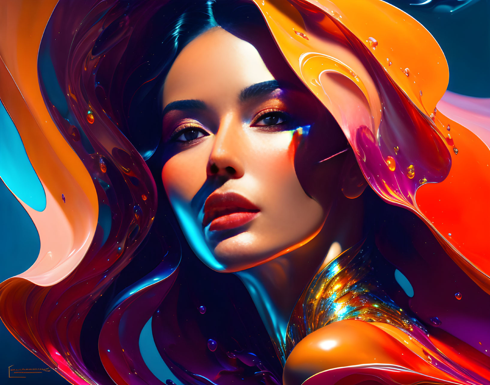 Colorful digital portrait of a woman with flowing liquid hair in shades of orange, blue, and purple