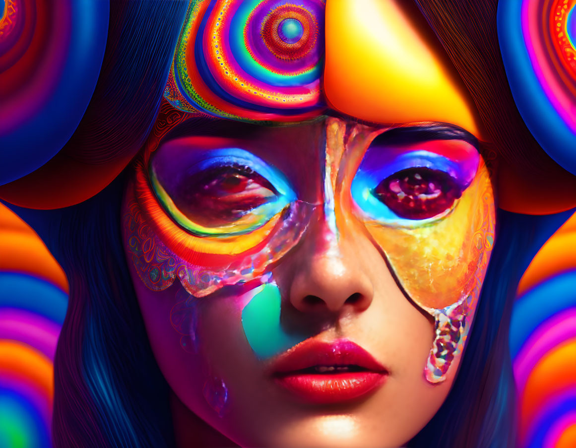 Colorful psychedelic patterns on woman's face for intense visual effect