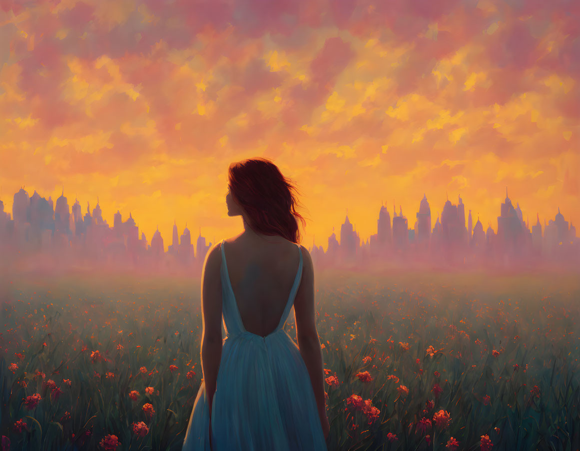 Woman in Blue Dress Standing in Flower Field at Sunset with City Silhouette in Background