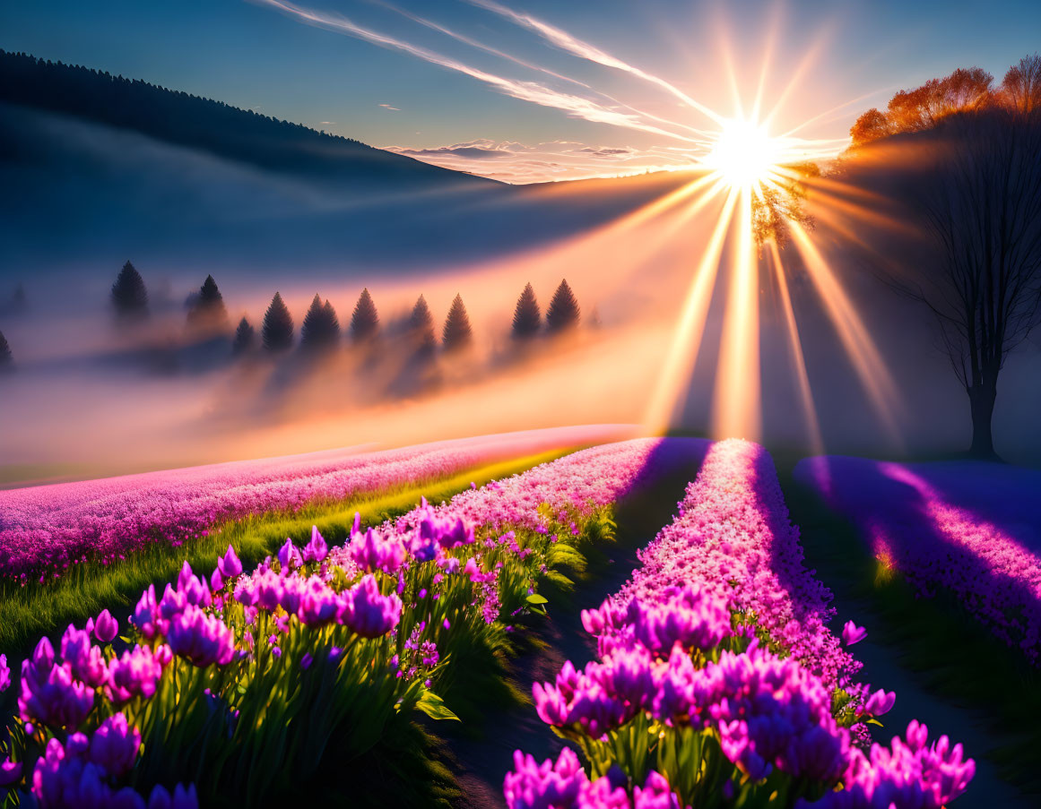 Sunrise with Sunbeams Through Trees Over Purple Flower Field