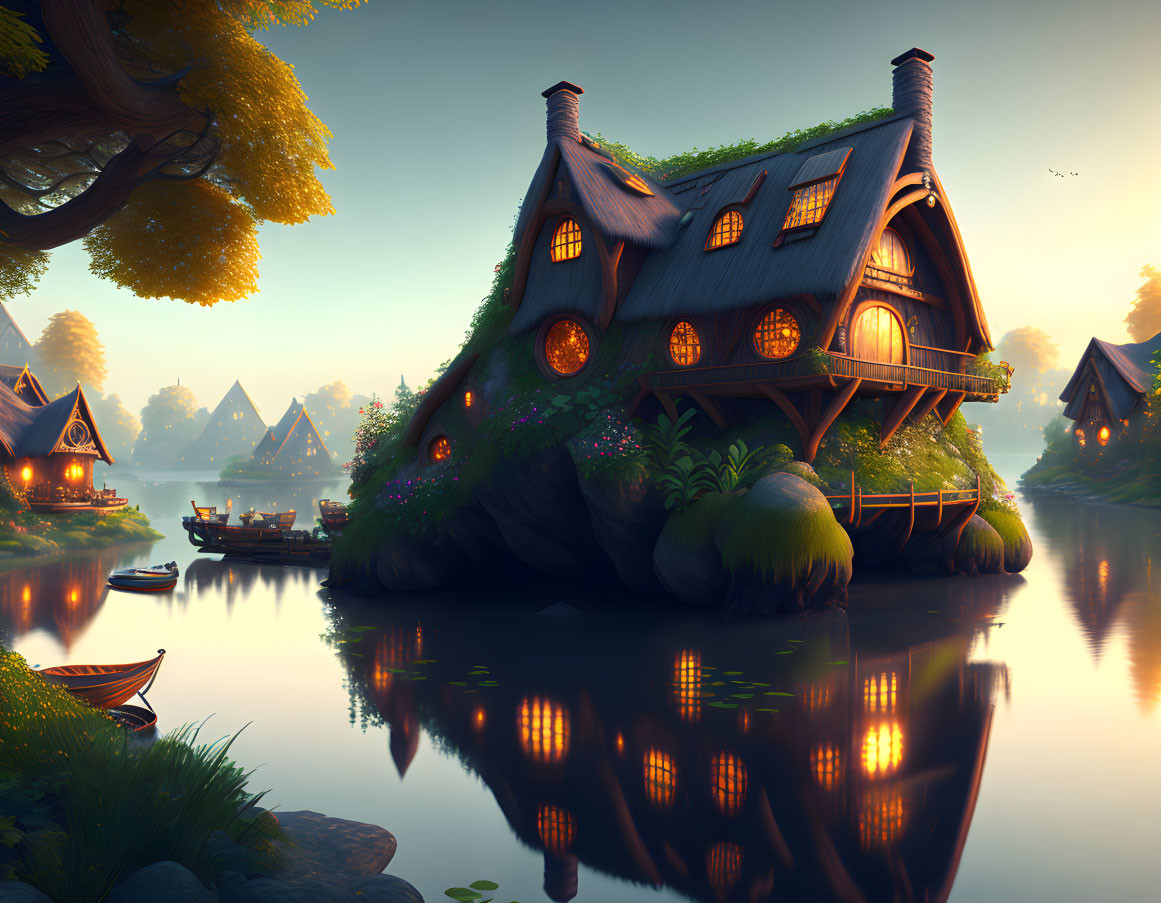 Thatched Roof Fairytale Cottage by Tranquil River at Dusk