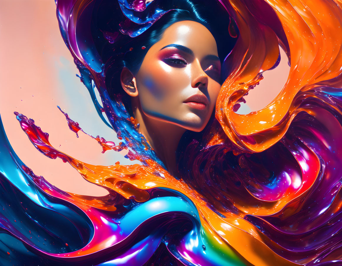 Colorful liquid-like shapes swirl around woman's face in vibrant image