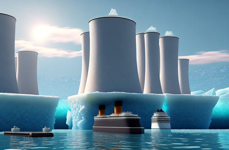 Ice Cream Cone-Shaped Cooling Towers Amid Icebergs and Cruise Ships