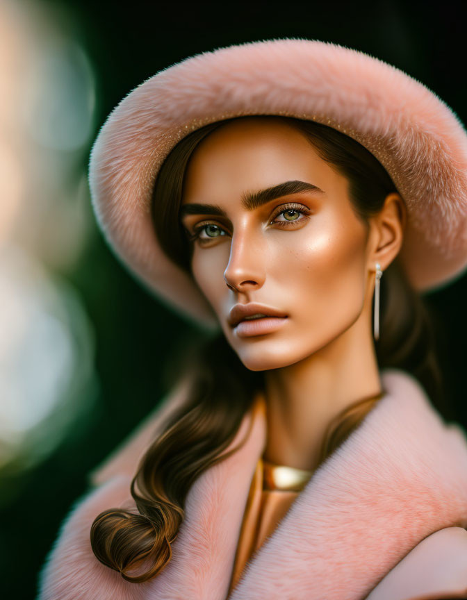 Portrait of woman with striking eyebrows, brown hair, pink hat, hoop earrings, and necklace on blurred