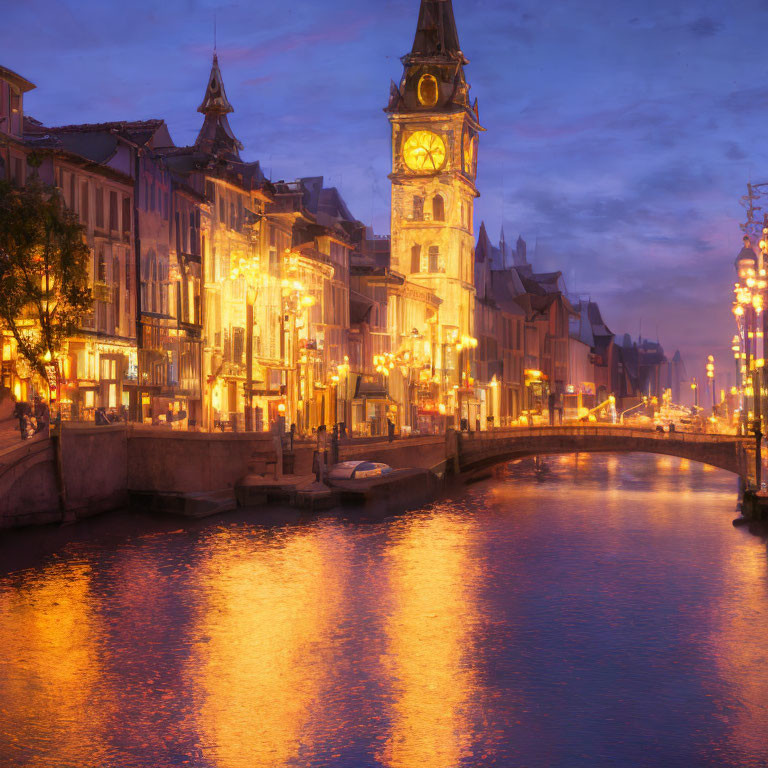 European Water Canal at Twilight with Clock Tower and Historic Buildings