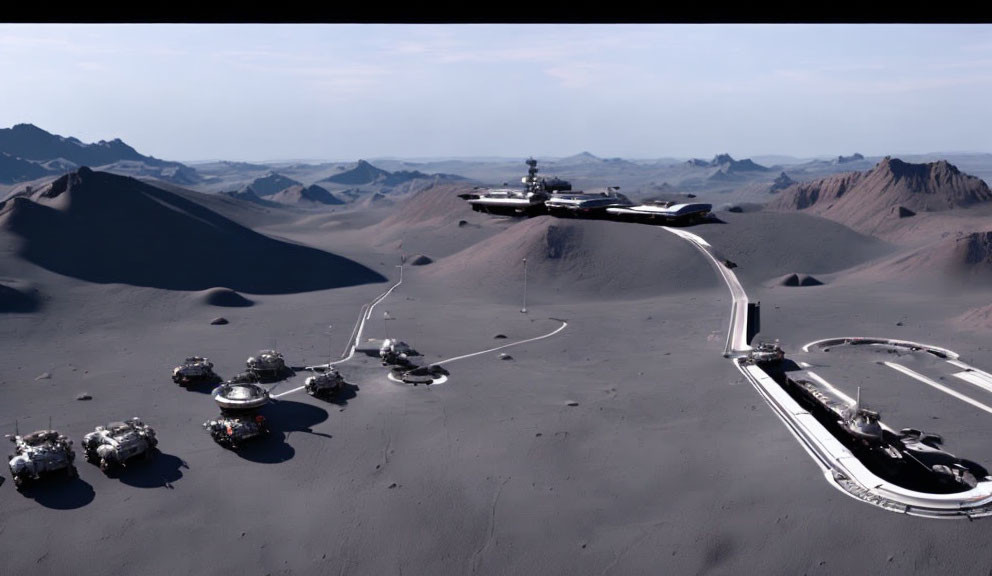 Futuristic desert landscape with spaceport and hovering spacecraft