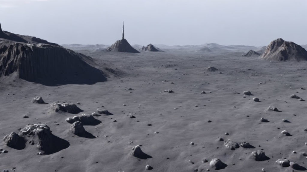 Barren rocky landscape with boulders and distant spire under hazy sky