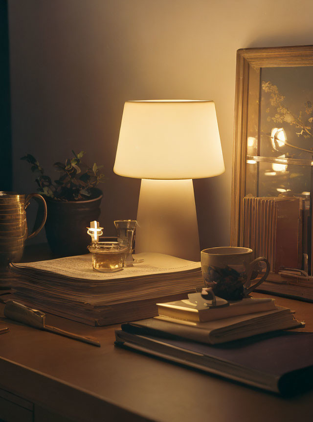 Cozy reading nook with lamp, books, plant, and tea on wooden desk